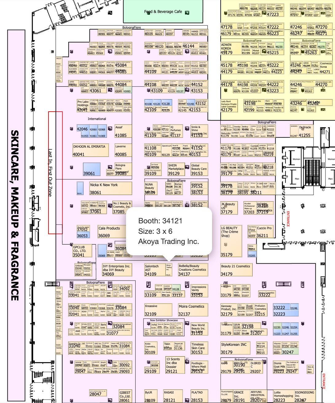 Cosmoprof Las Vegas floor plan showing Booth 34121, Akoya Trading Inc.